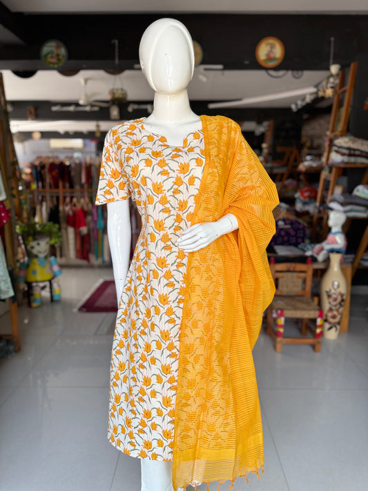 Offwhite handwoven cotton A-line kurti / dress  with mustard yellow flowers print