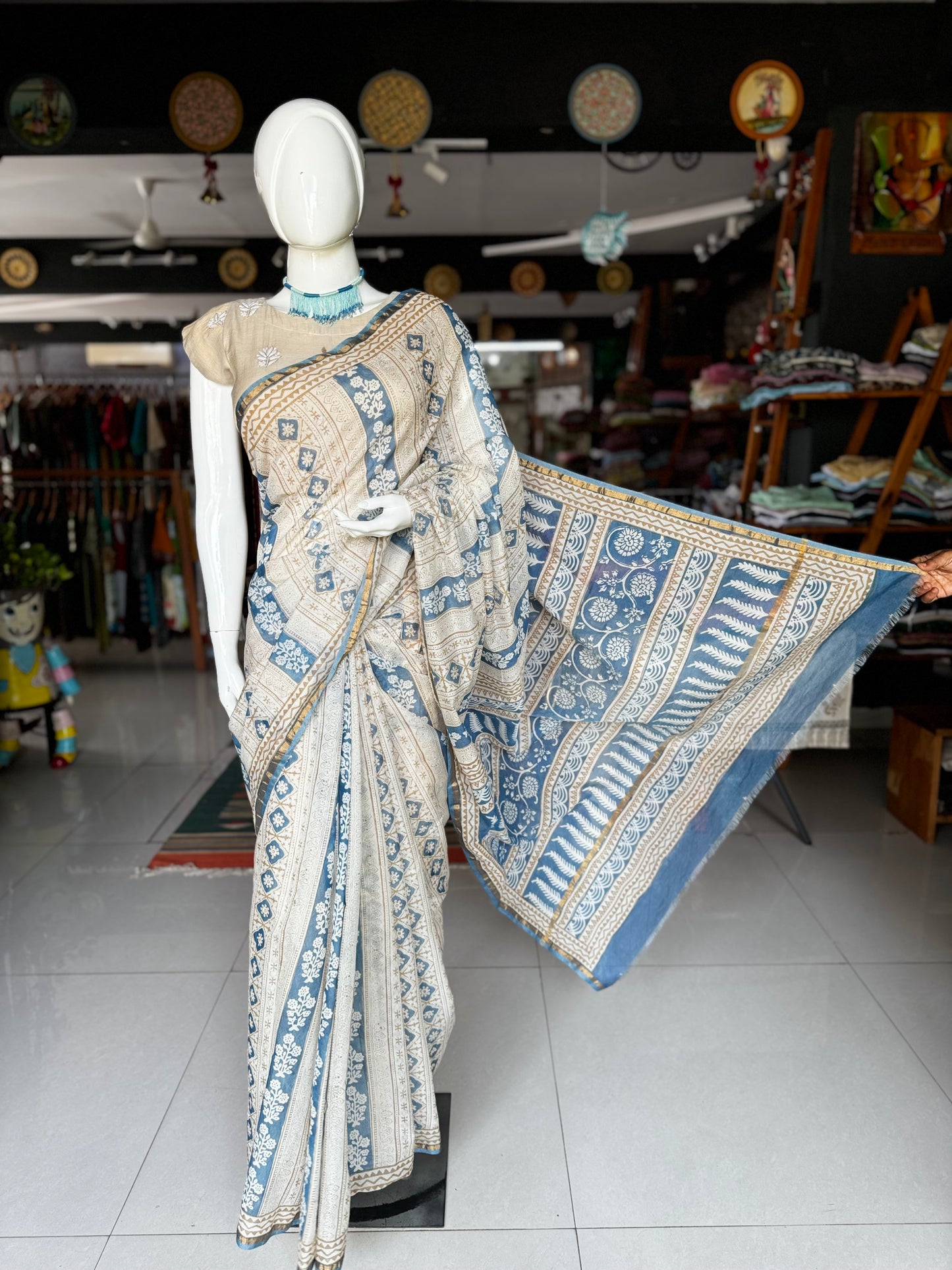 Off White and blue stripes hand block print Chanderi silk cotton saree