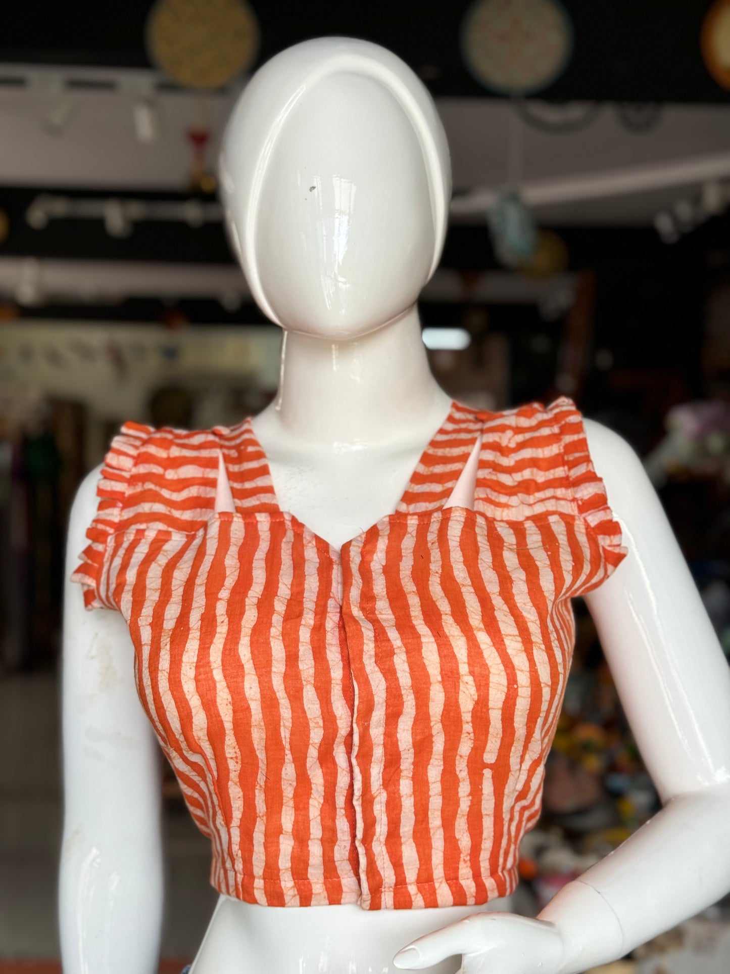 Orange batik stripes cotton blouse with lining