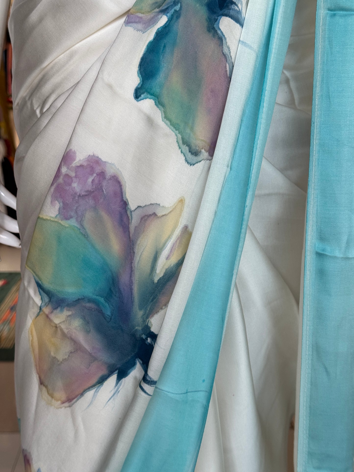 Blue purple - floral design water colors hand painted soft n flowy off white modal saree