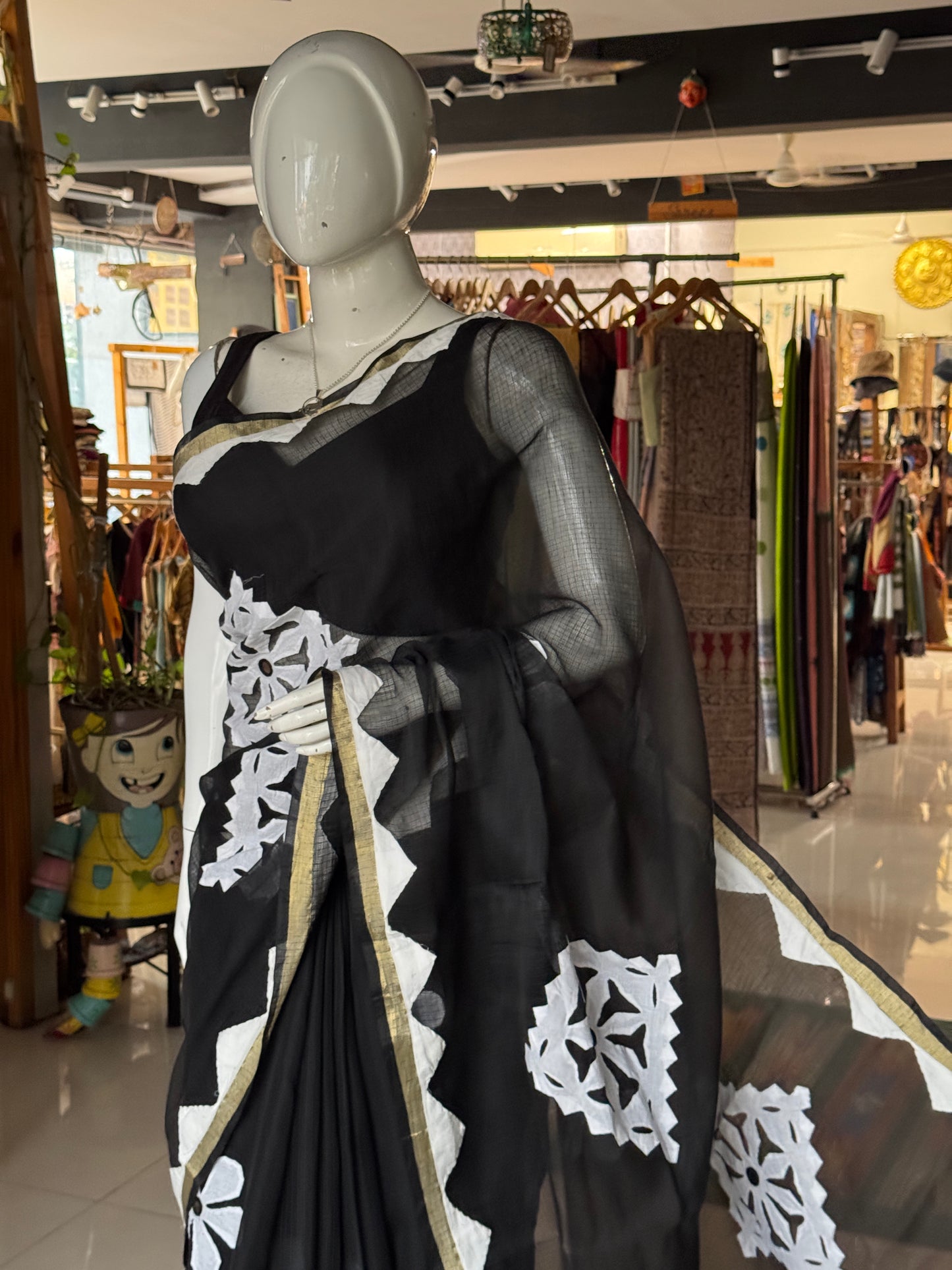 Black soft kota cotton saree with white flowers Applique patches