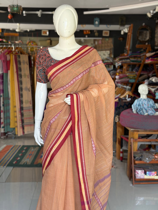 Chikkoo shade handwoven checks cotton saree
