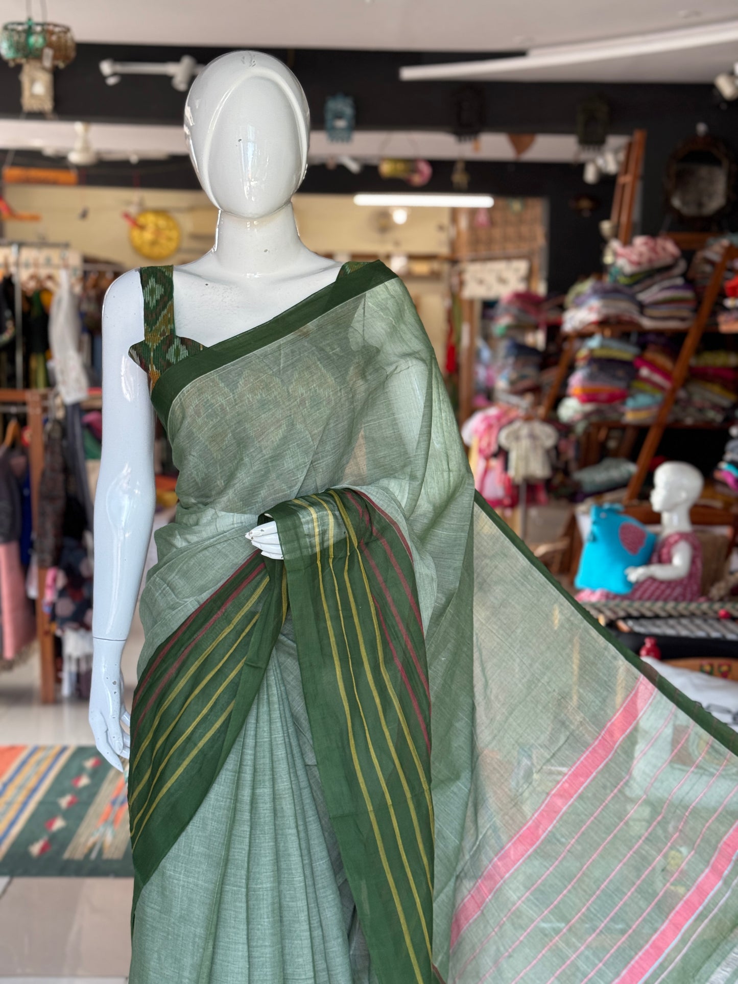 Dark green plain cotton saree with stripes wide border light weight soft handloom Bobbili cotton saree