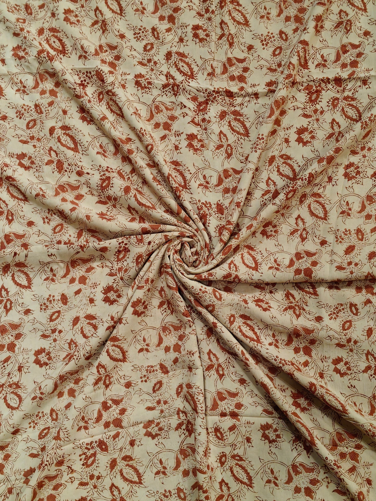 Brick red flowers on beige base - hand block printed natural dyed Kalamkari modal fabric