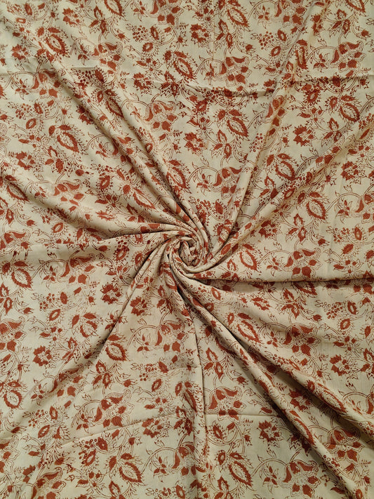 Brick red flowers on beige base - hand block printed natural dyed Kalamkari modal fabric