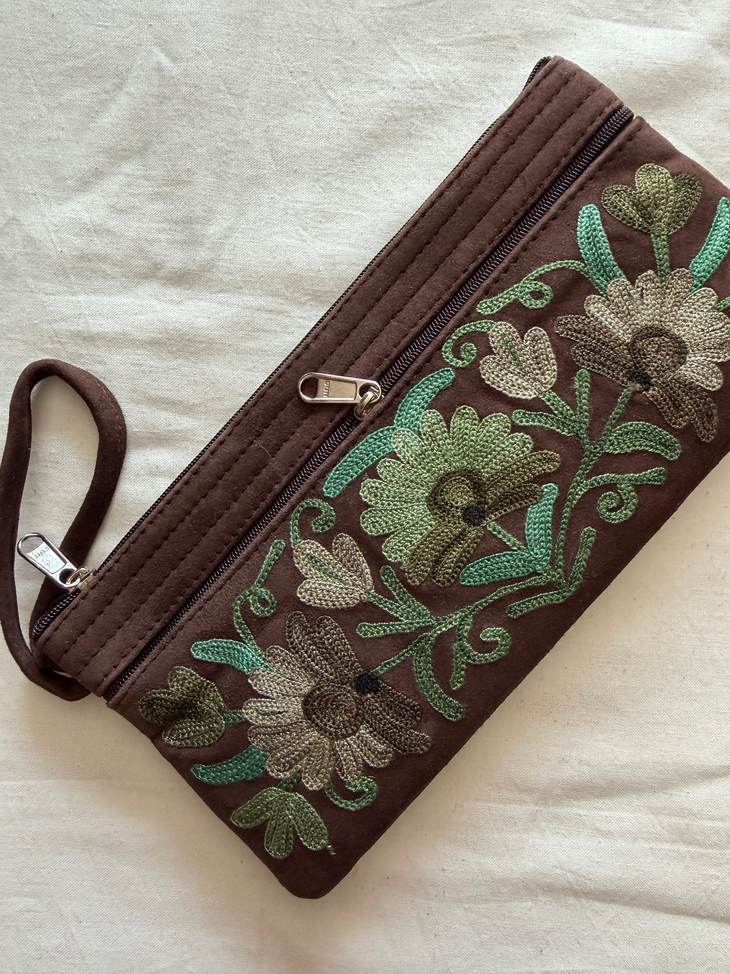 Wristlet pouch with Kashmiri floral Aari embroidery - 3 zippers - color options available
