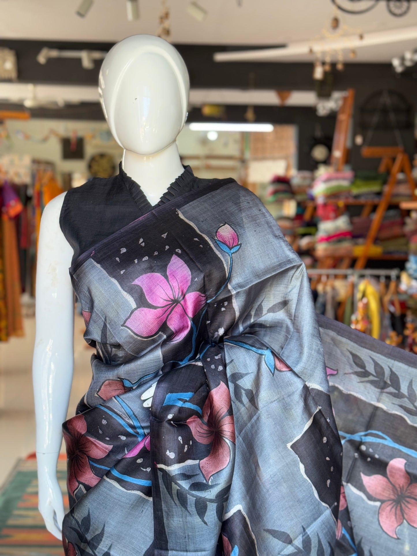 Black and grey hand painted pure tussar silk saree - flowers and rectangular bars