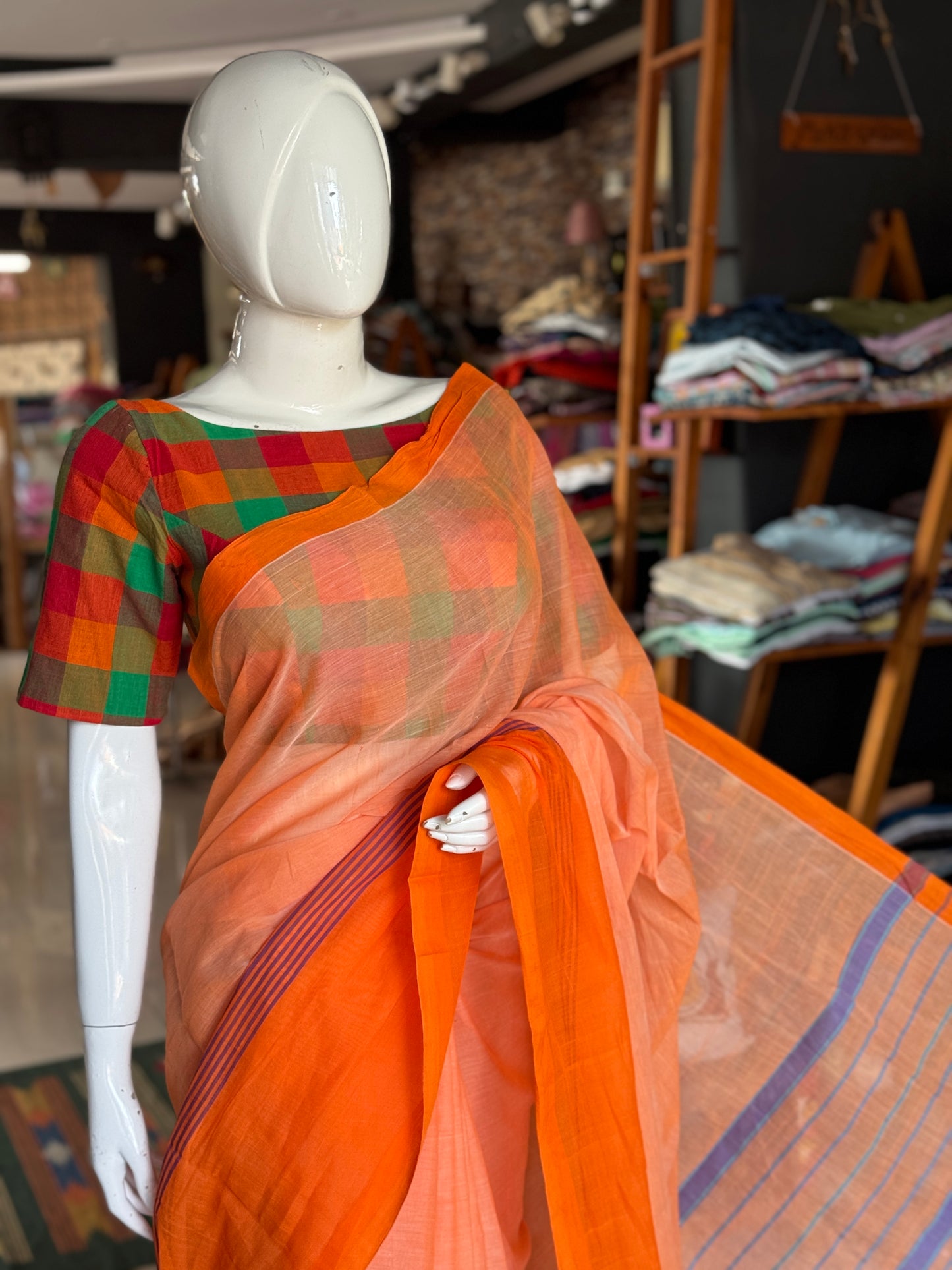 Orange plain cotton saree with stripes wide border light weight soft handloom Bobbili cotton saree