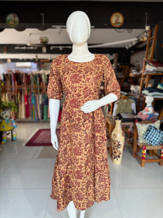 Sandal time Kalamkari handblock print soft n flowy cotton satin side multi tiers dress