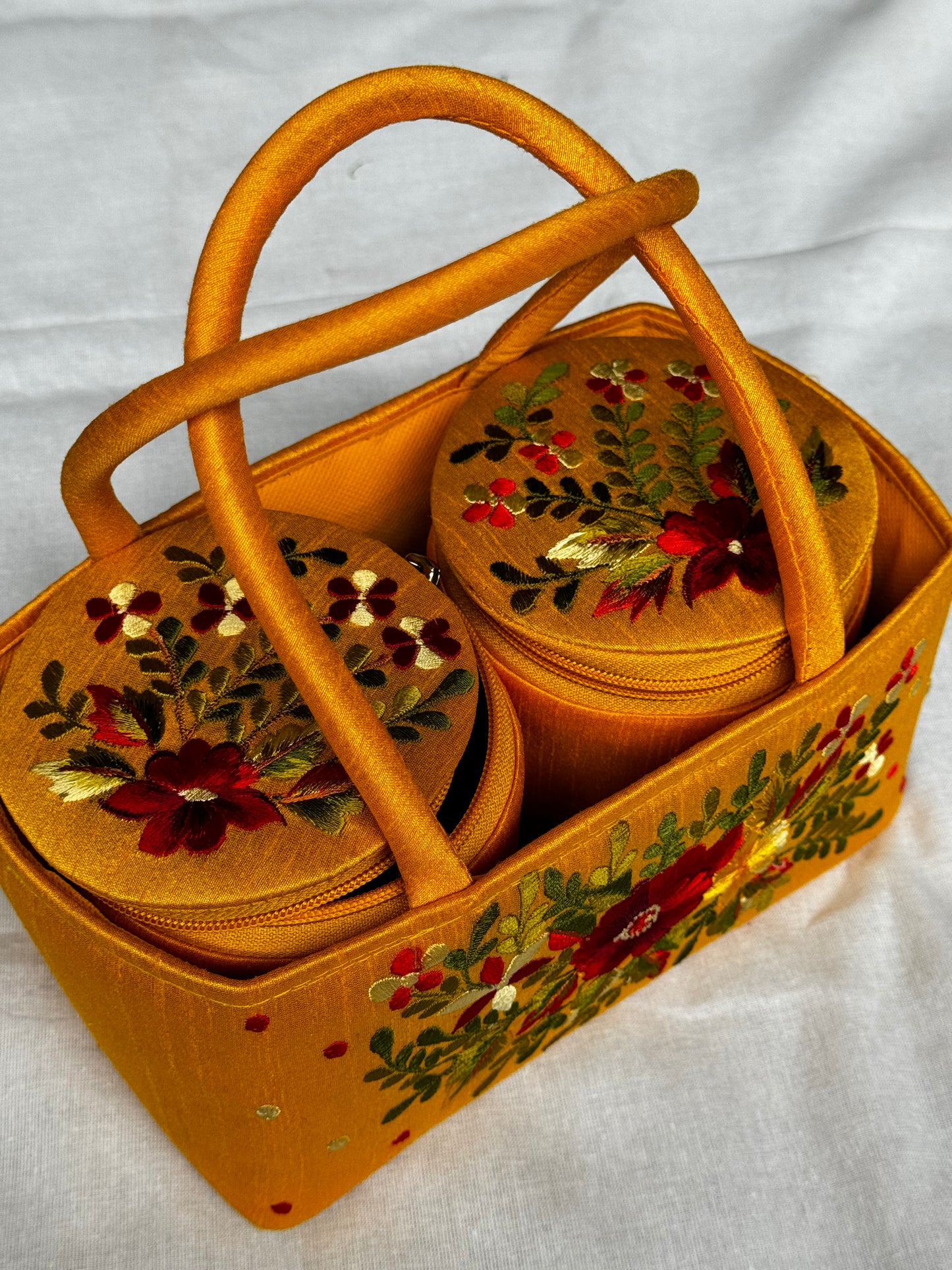 Two fabric jars gift hamper with flowers embroidery