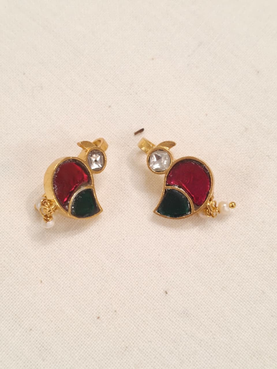 Little Birds silver ear clip ons / hooks in Pink and green stones with small pearl drops