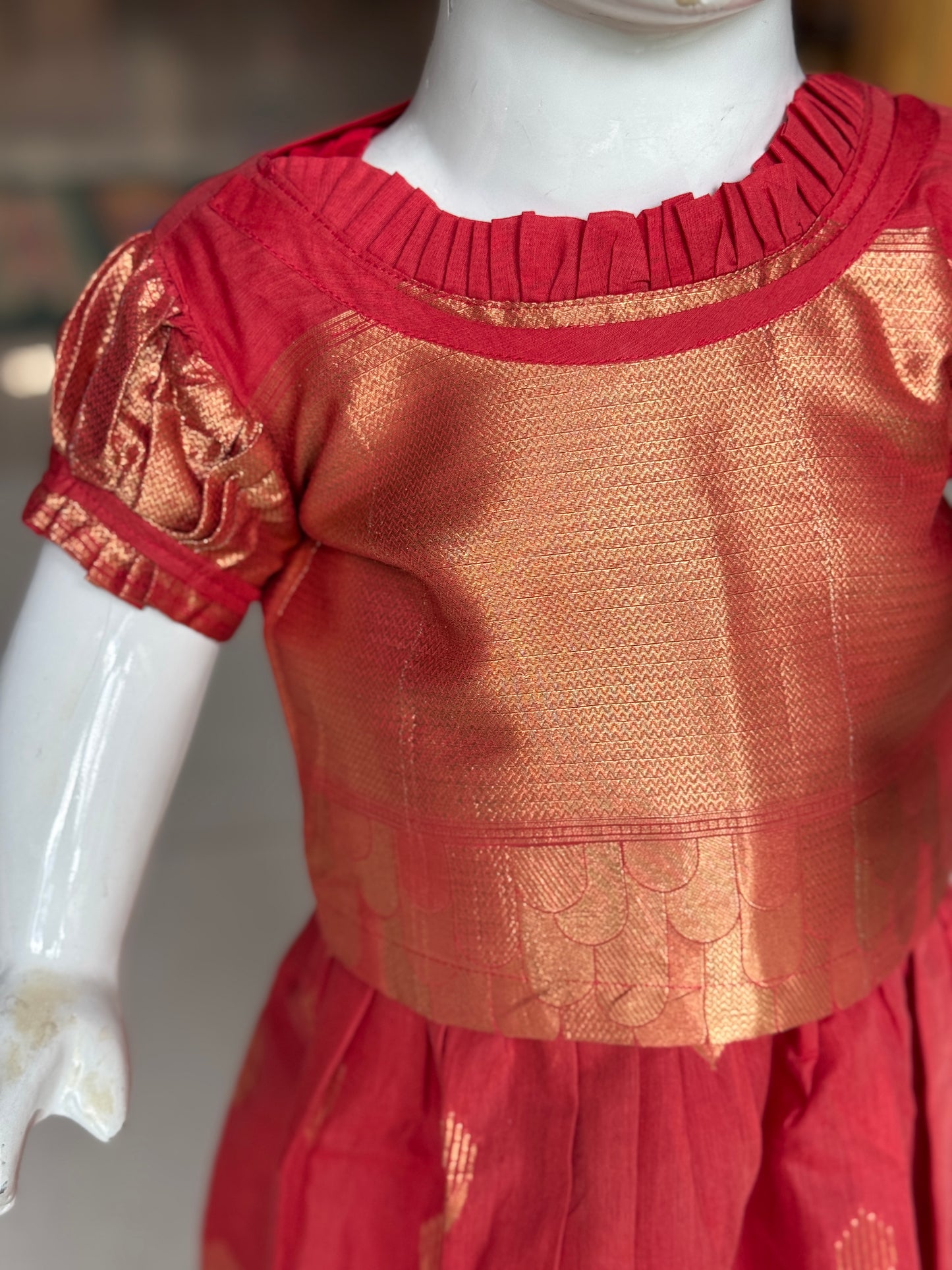 Red Banarasi cotton lehenga (langa jacket) with frill neckline blouse set