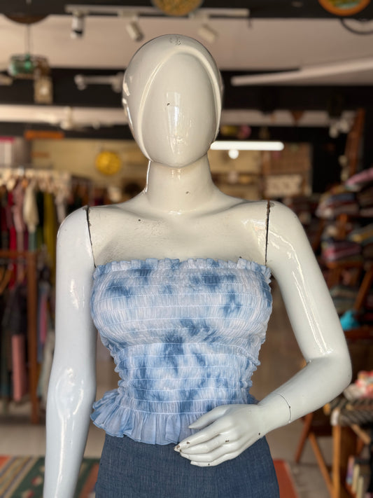 Blue natural dyed, tie n dye,  mul cotton smocking tube crop top / blouse