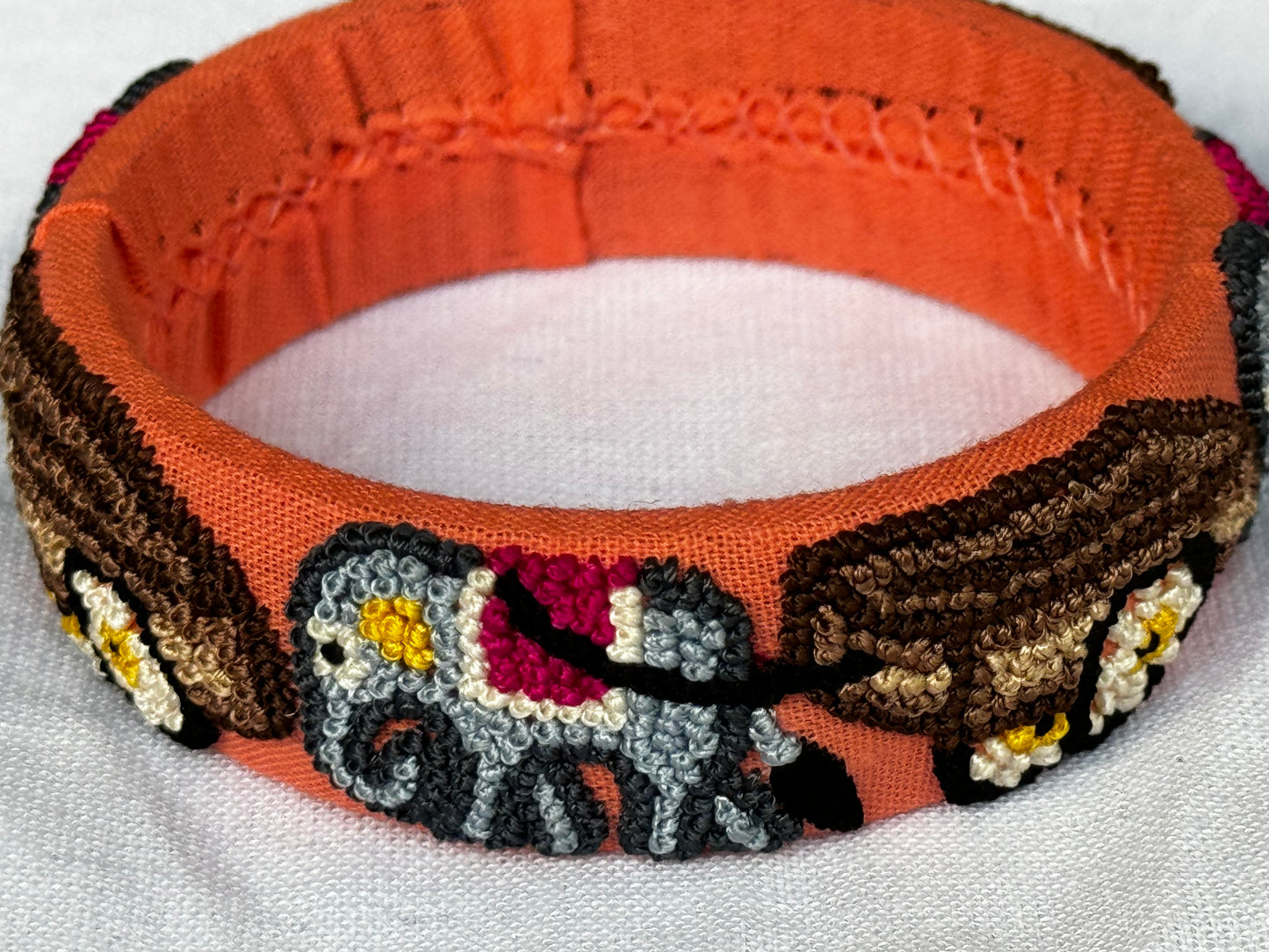 Orange french knot elephants hand embroidered bangle - single