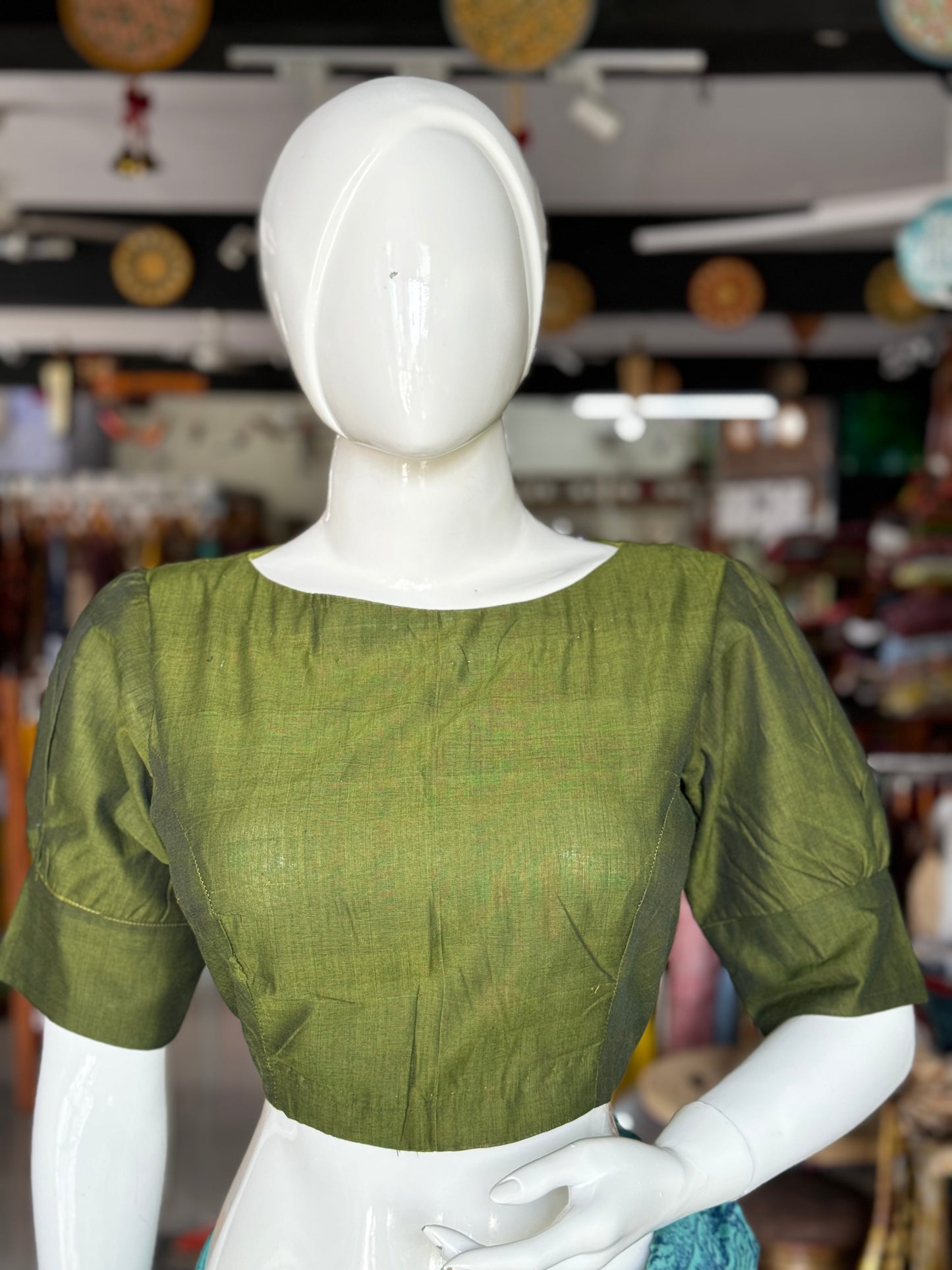 Dark green handloom cotton back open blouse with cut back and doris