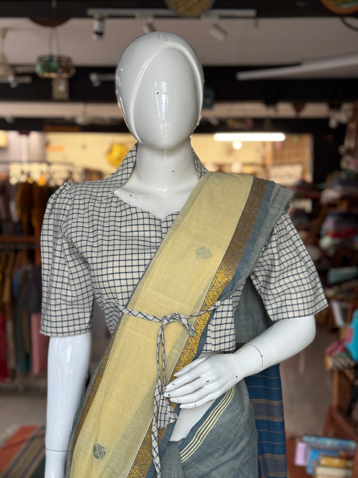Off White n blue checks natural dyed, hand woven cotton blouse with standing collar, front tie and back hole