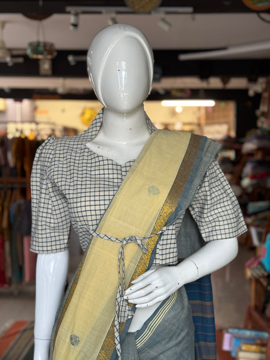 Off White n blue checks natural dyed, hand woven cotton blouse with standing collar, front tie and back hole