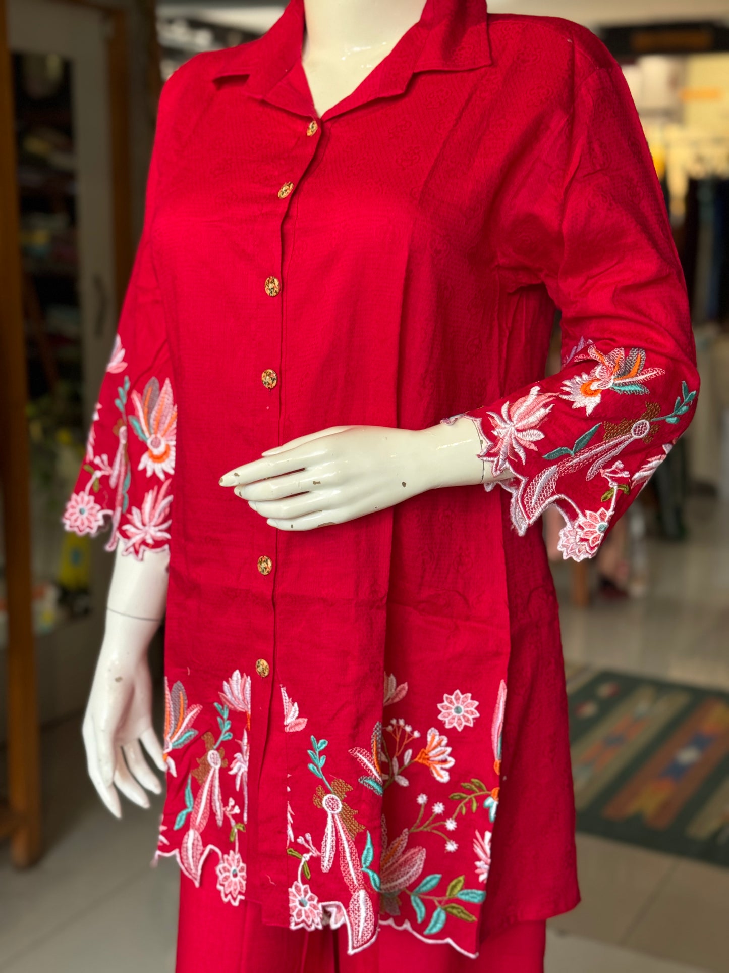 Pinkish red collared jacquard cotton embroidered top with long sleeves and pants - coord set