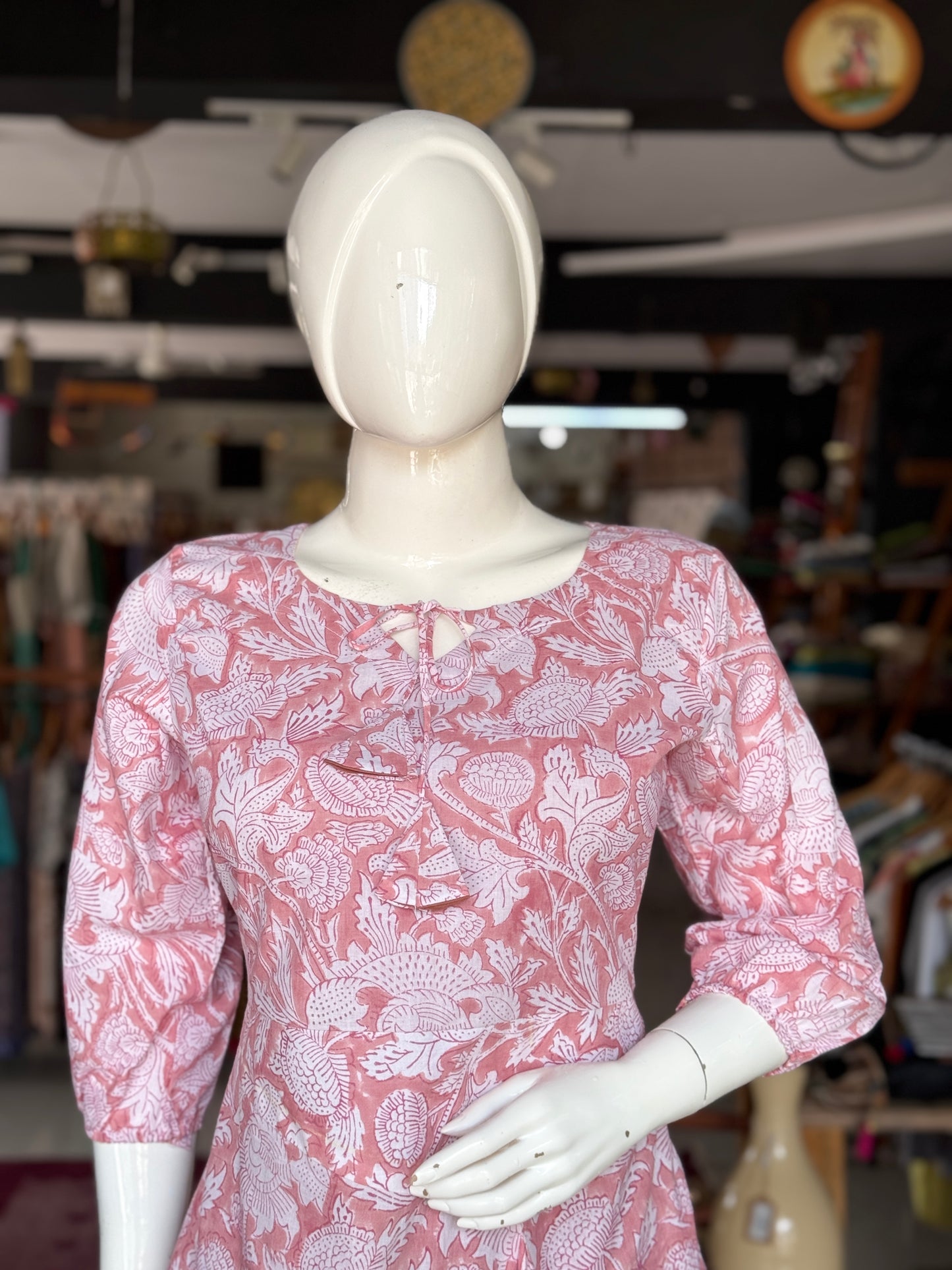 Peach floral handblock printed cotton dress with fancy skirt