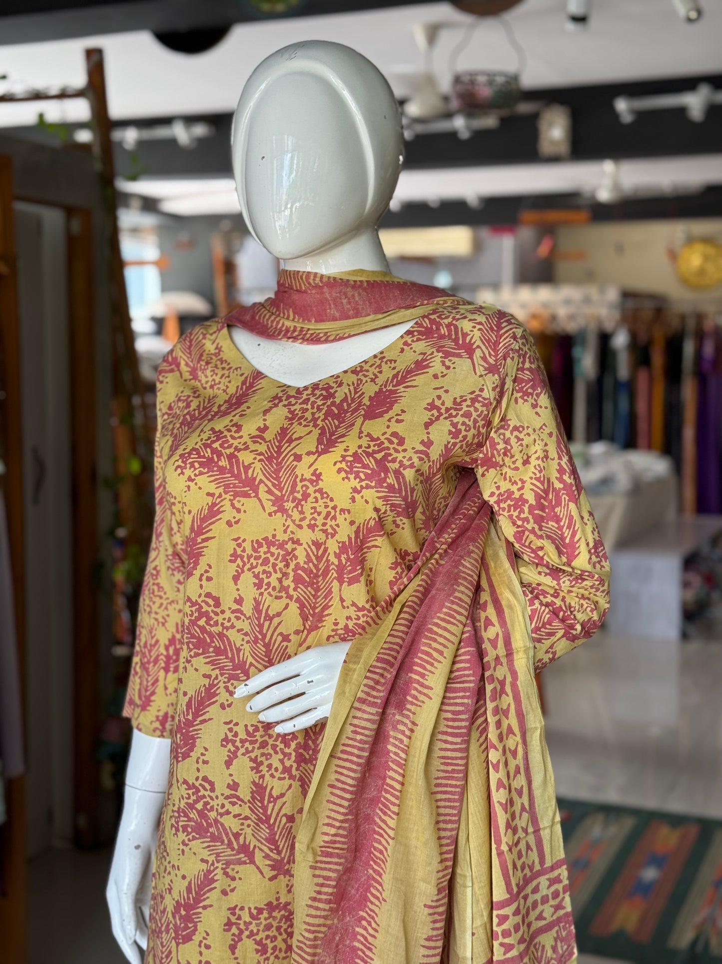 Yellow and pink leaf pattern soft batik cotton A-line kurta, dupatta and pants -  3 piece suit set