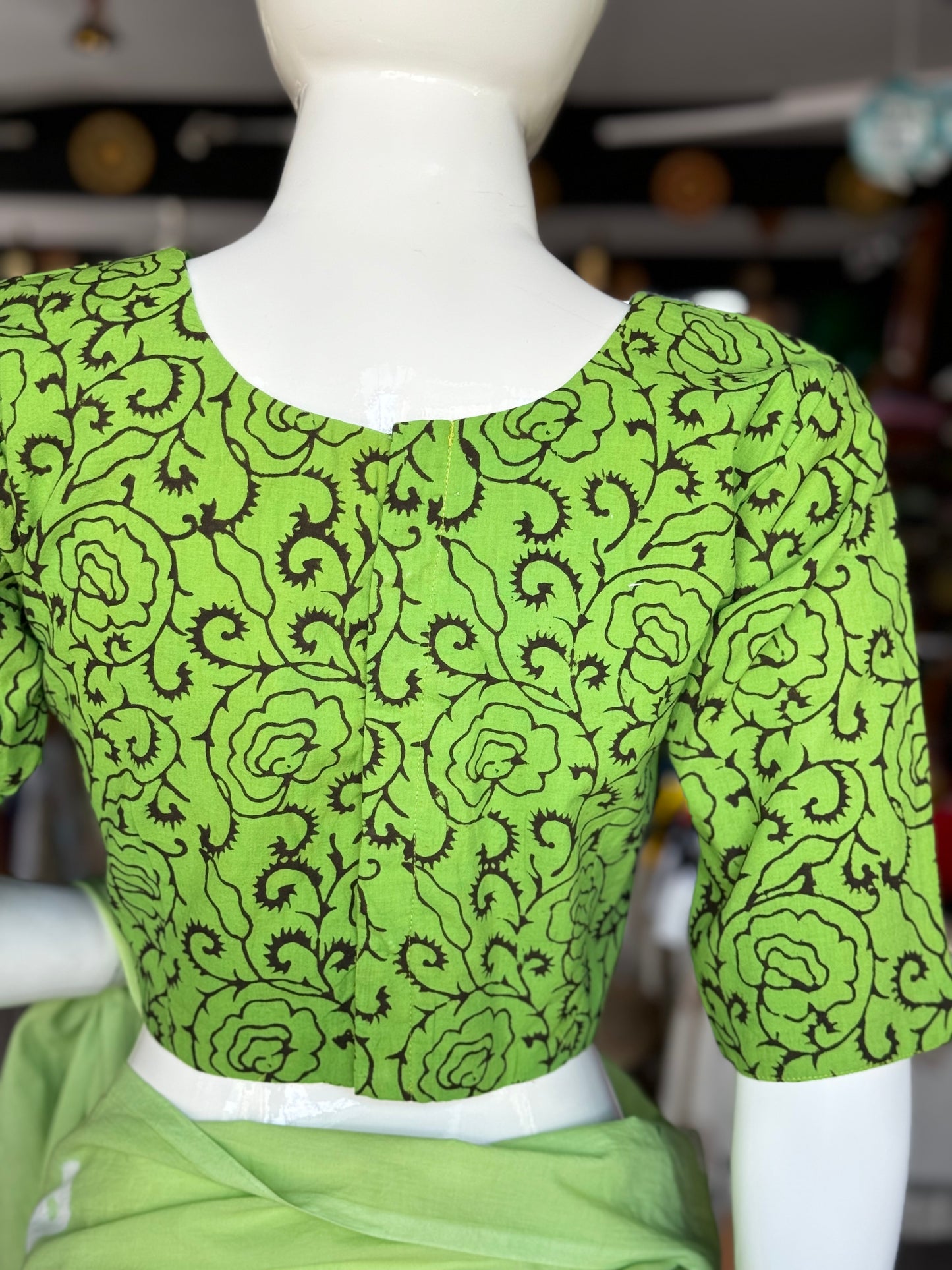 Green hand block printed princess cut back open cotton blouse with lining