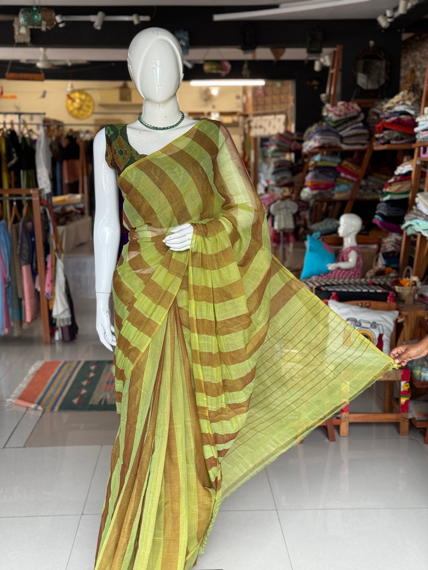 Green brown vertical stripes light weight soft handloom Bobbili cotton saree