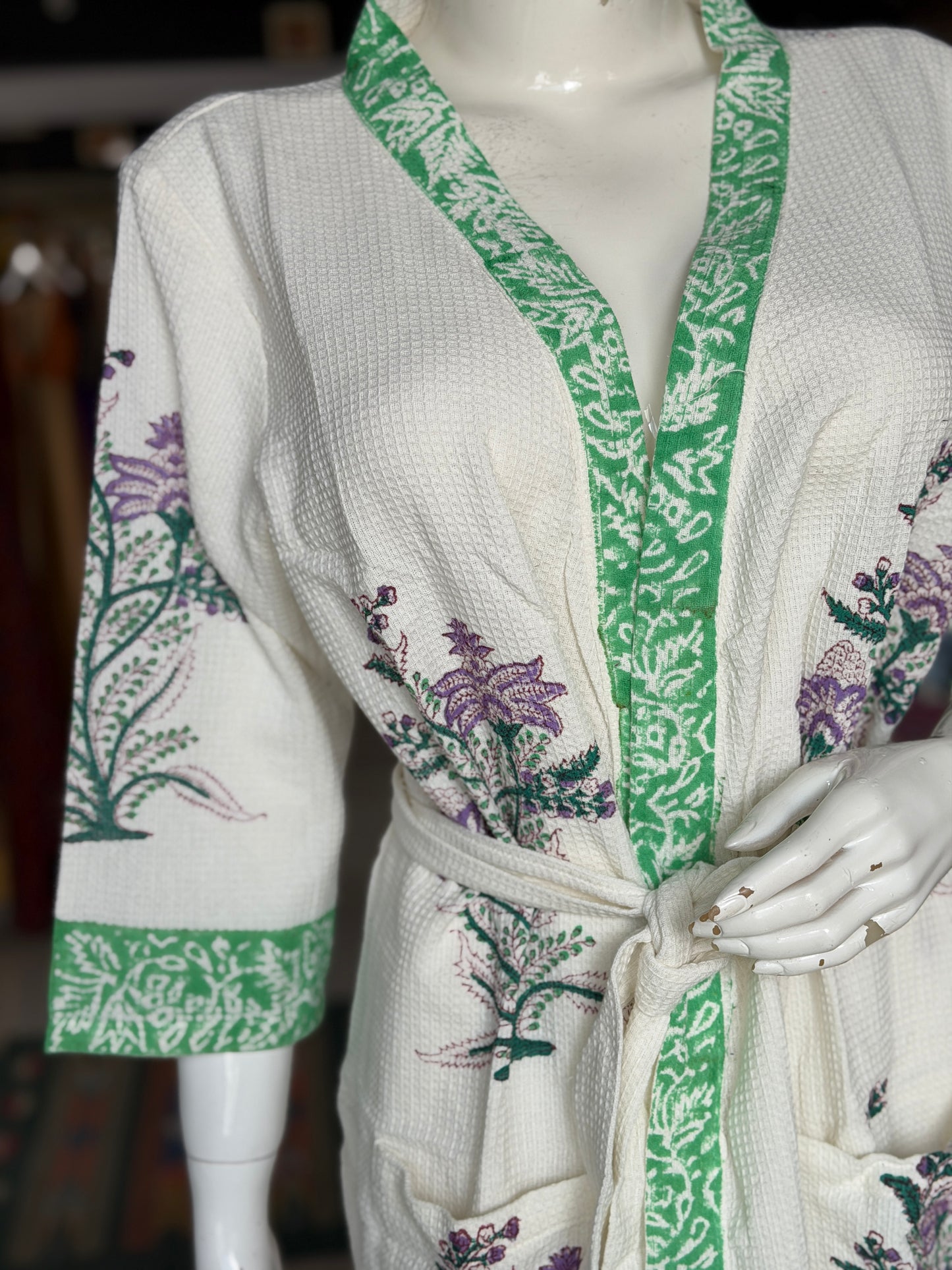Hand block printed waffle cotton bath robe / swim suit cover up for adults - multiple designs