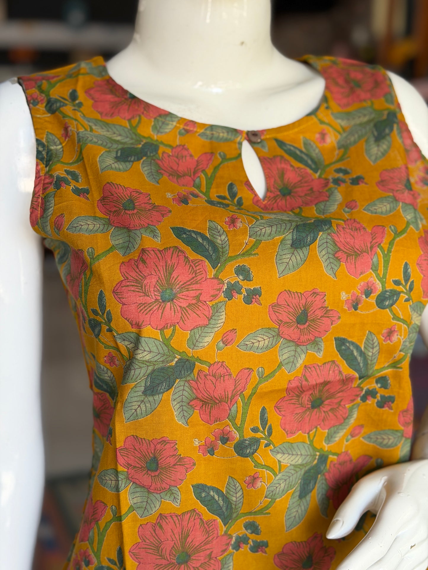 Mustard yellow cotton floral print sleeveless short top