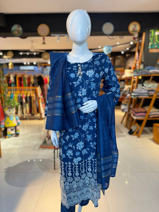 Navy blue floral soft muslin schiffli suit set with straight pants and dupatta