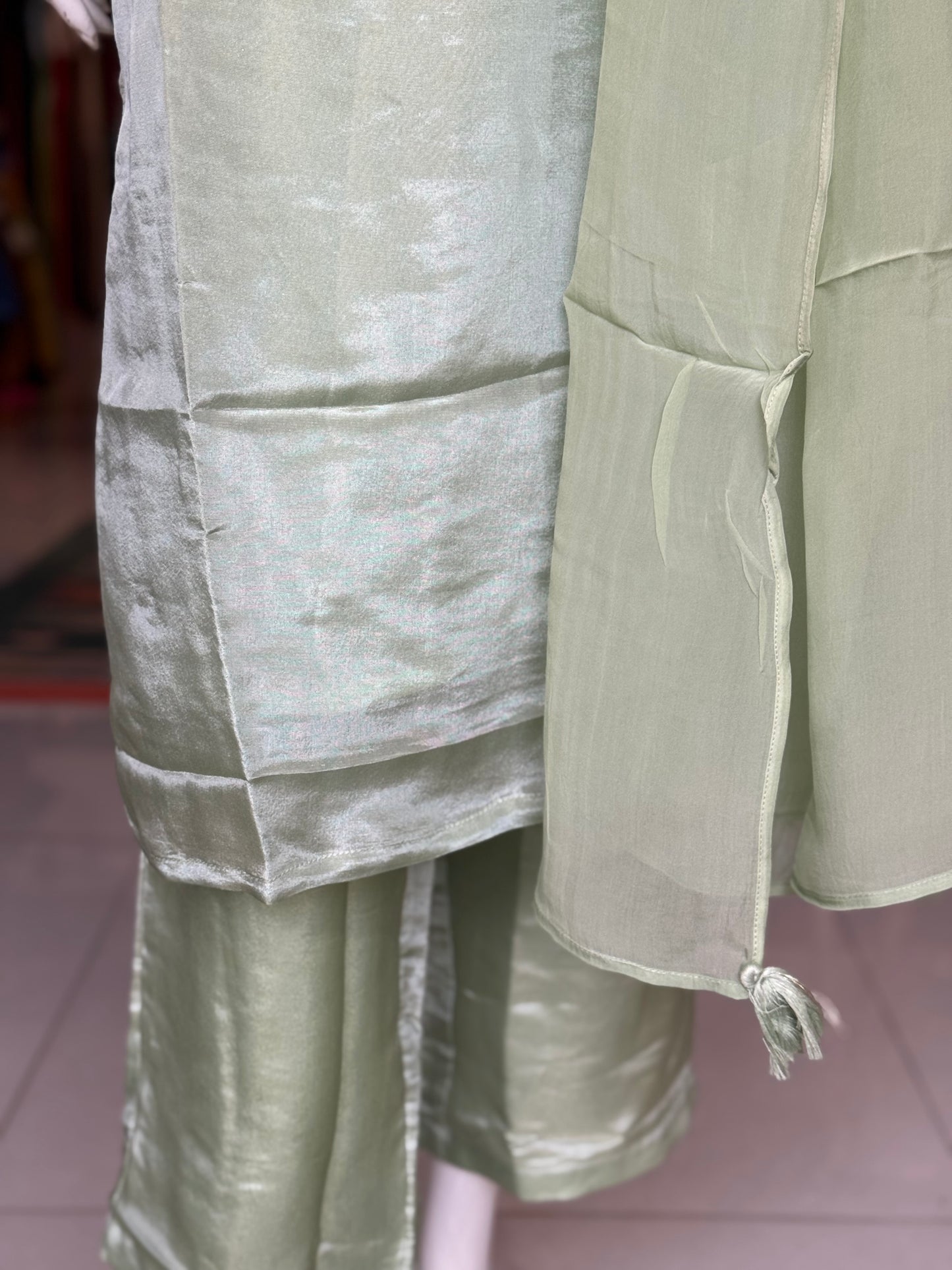 Pastel green real mirror embroidered tissue 3 piece suit set - festive wear set
