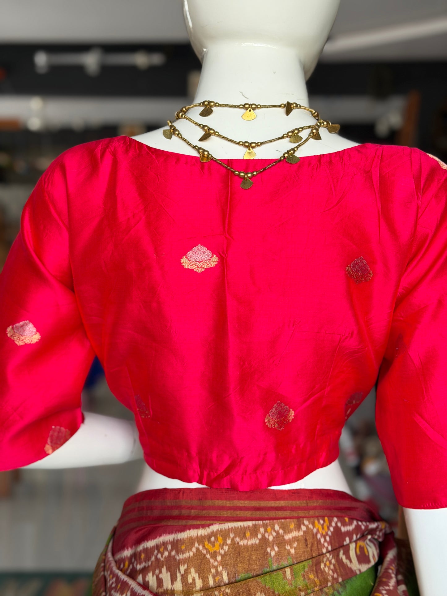 Red with gold and silver butis handwoven silk blouse