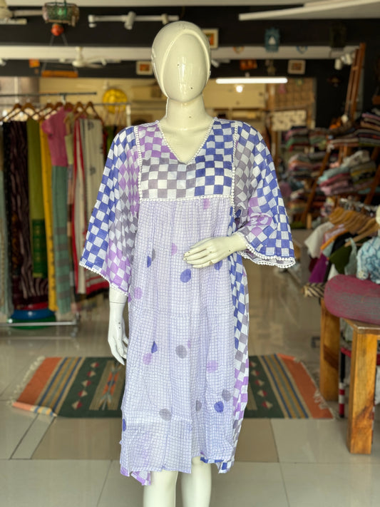 Violet checks and circles hand block printed soft cotton dress with fancy sleeves