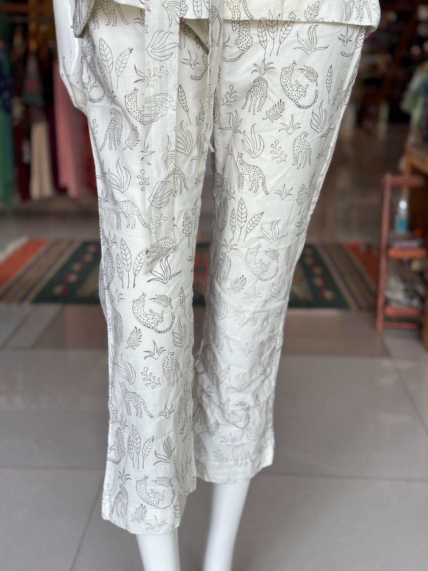 Jungle theme hand block printed collared cotton sleeveless gilet jacket and pants coord set