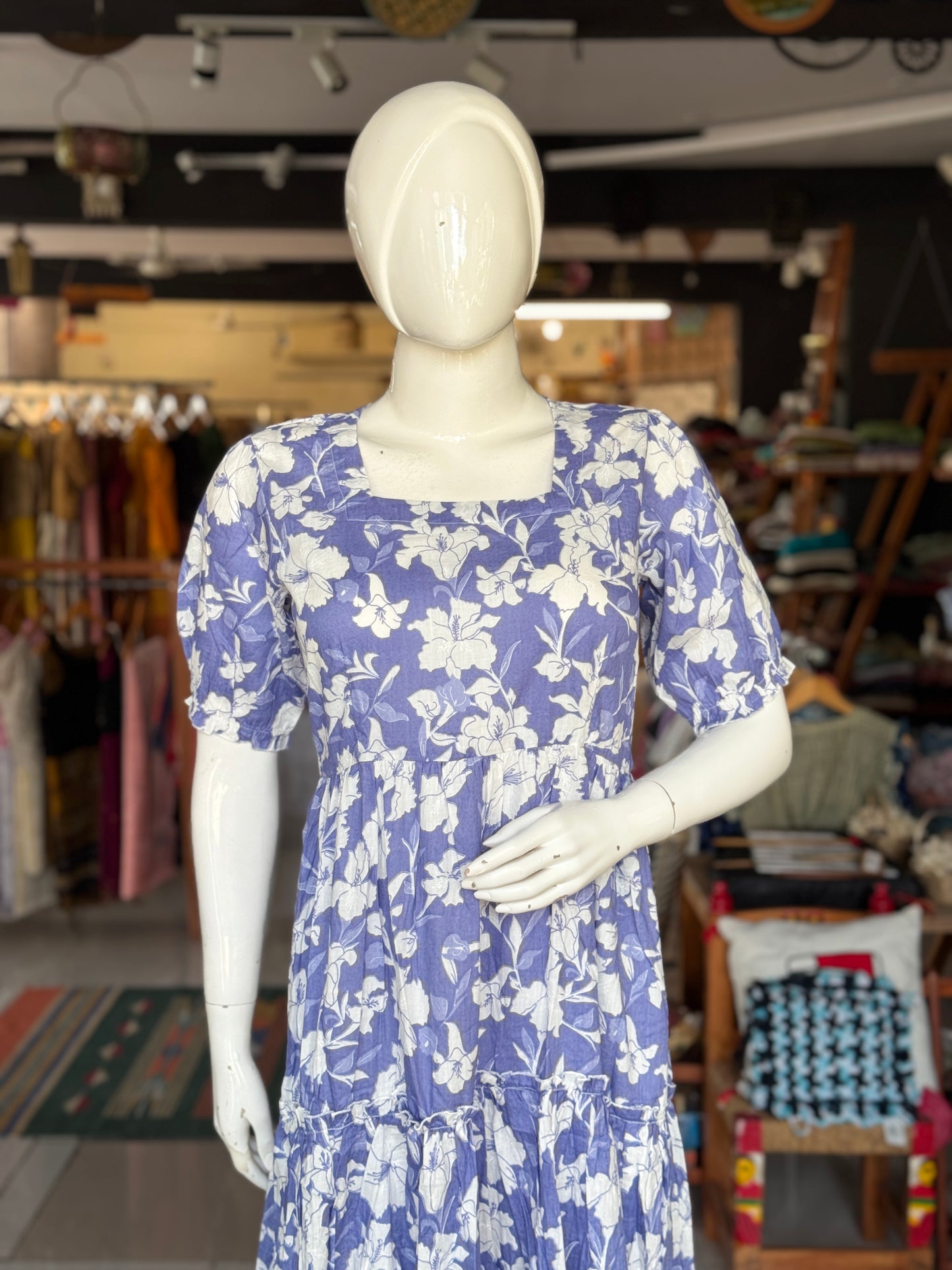 Printed tiered square neck cotton dress with elastic sleeves