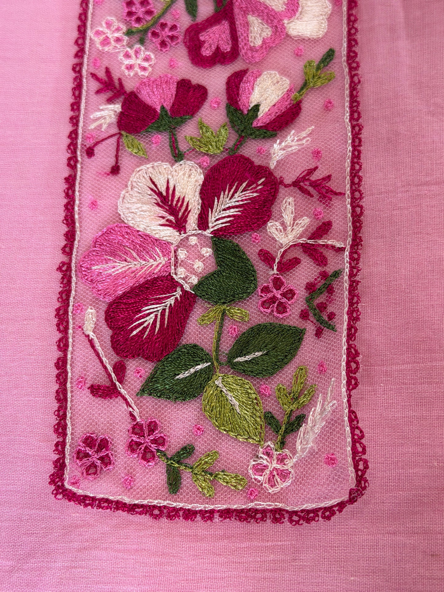 Pink flowers and leaves embroidered patch border on light pink net base