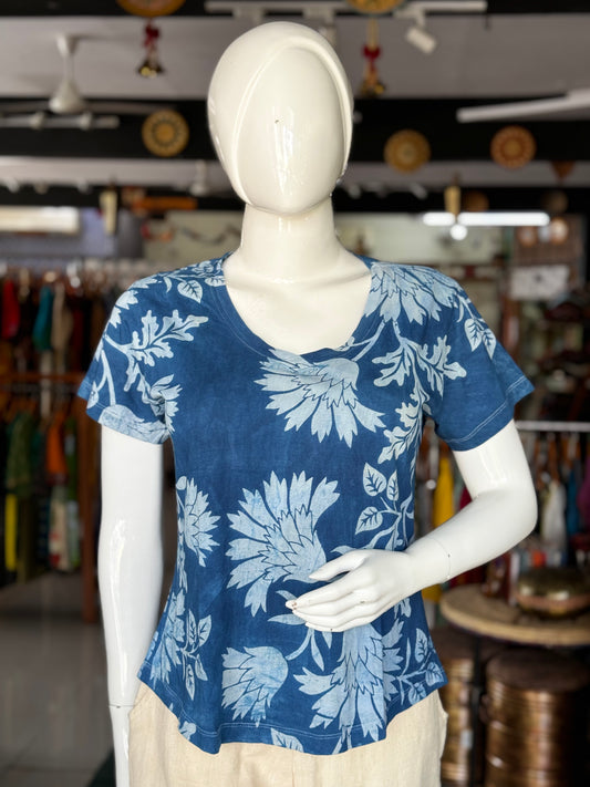 Indigo floral cotton hand block printed, natural dyed tshirt for women