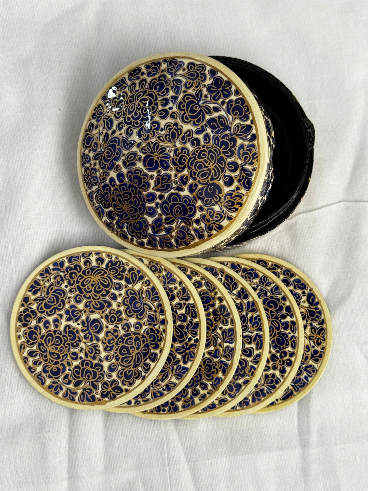 Round Coasters 6 piece set with container - Kashmiri Papier mache hand painted