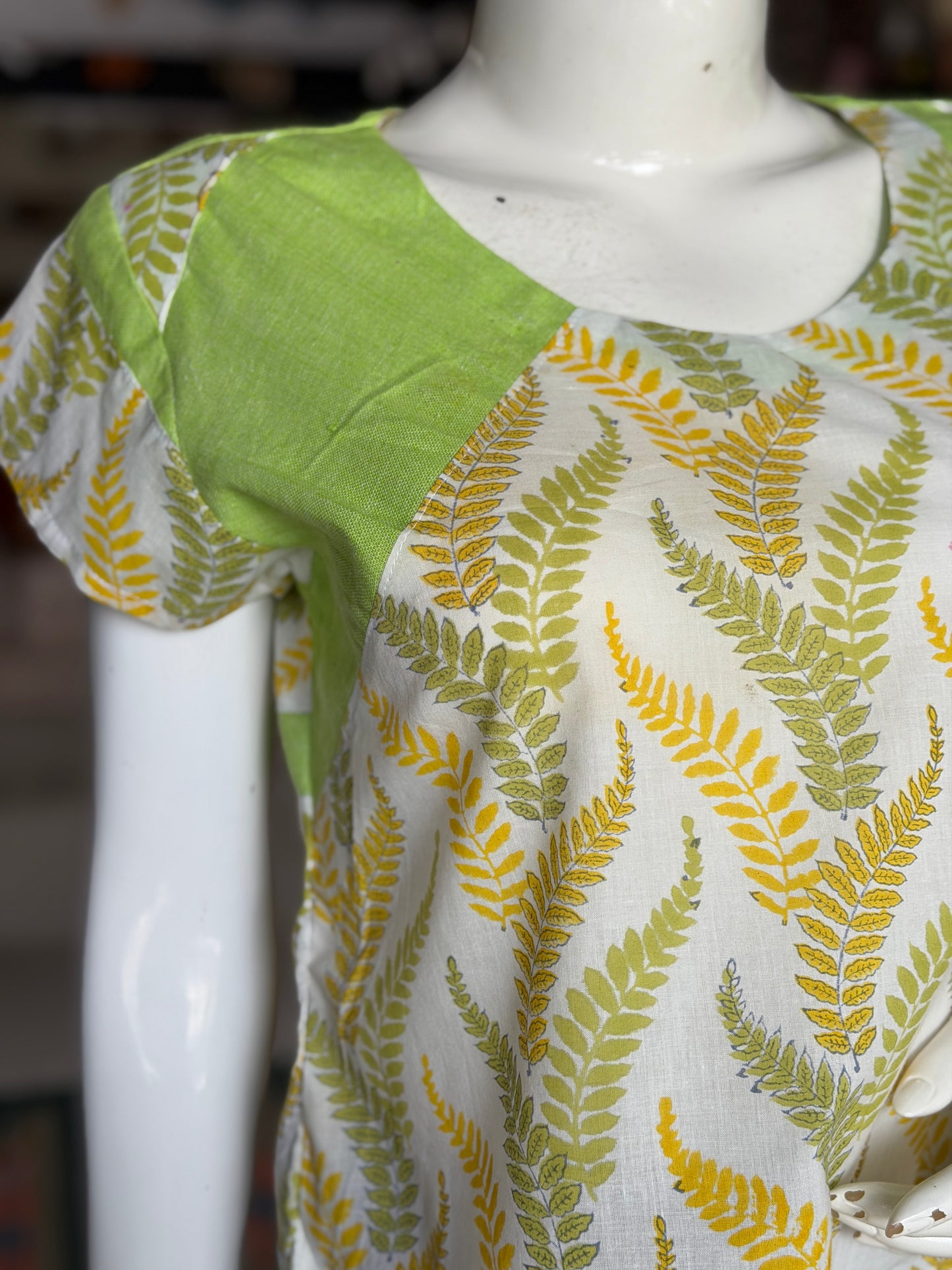 White and green hand block printed cotton top with lime green handloom cotton patches