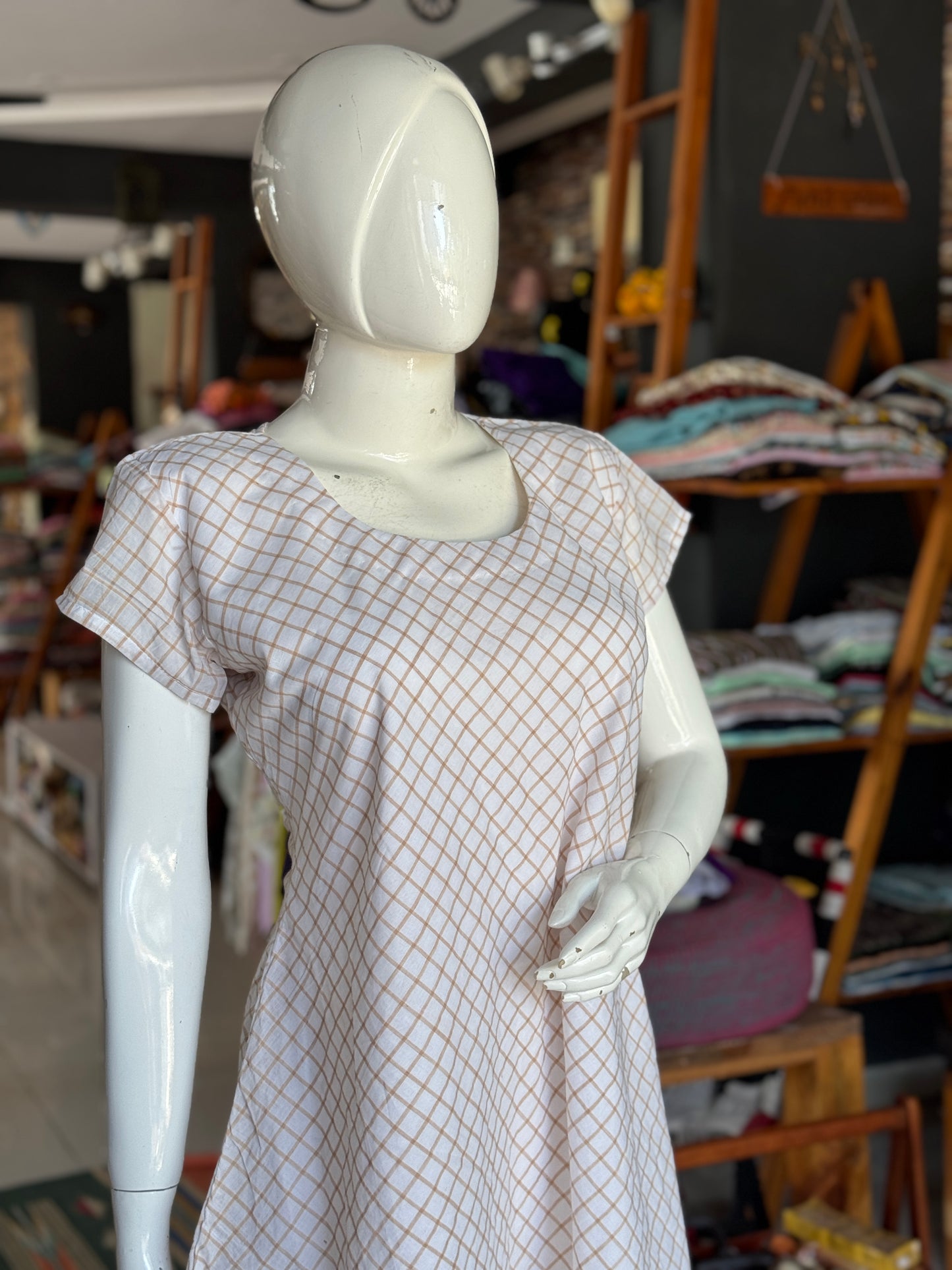 White n brown handwoven cotton dress with hand block printed hem