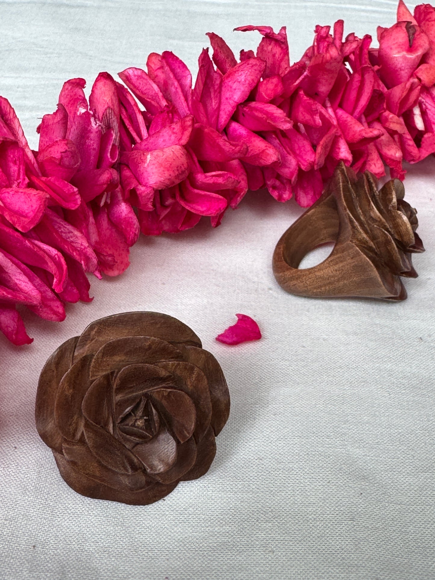 Rose hand carved finger ring in yellow wood - color options available