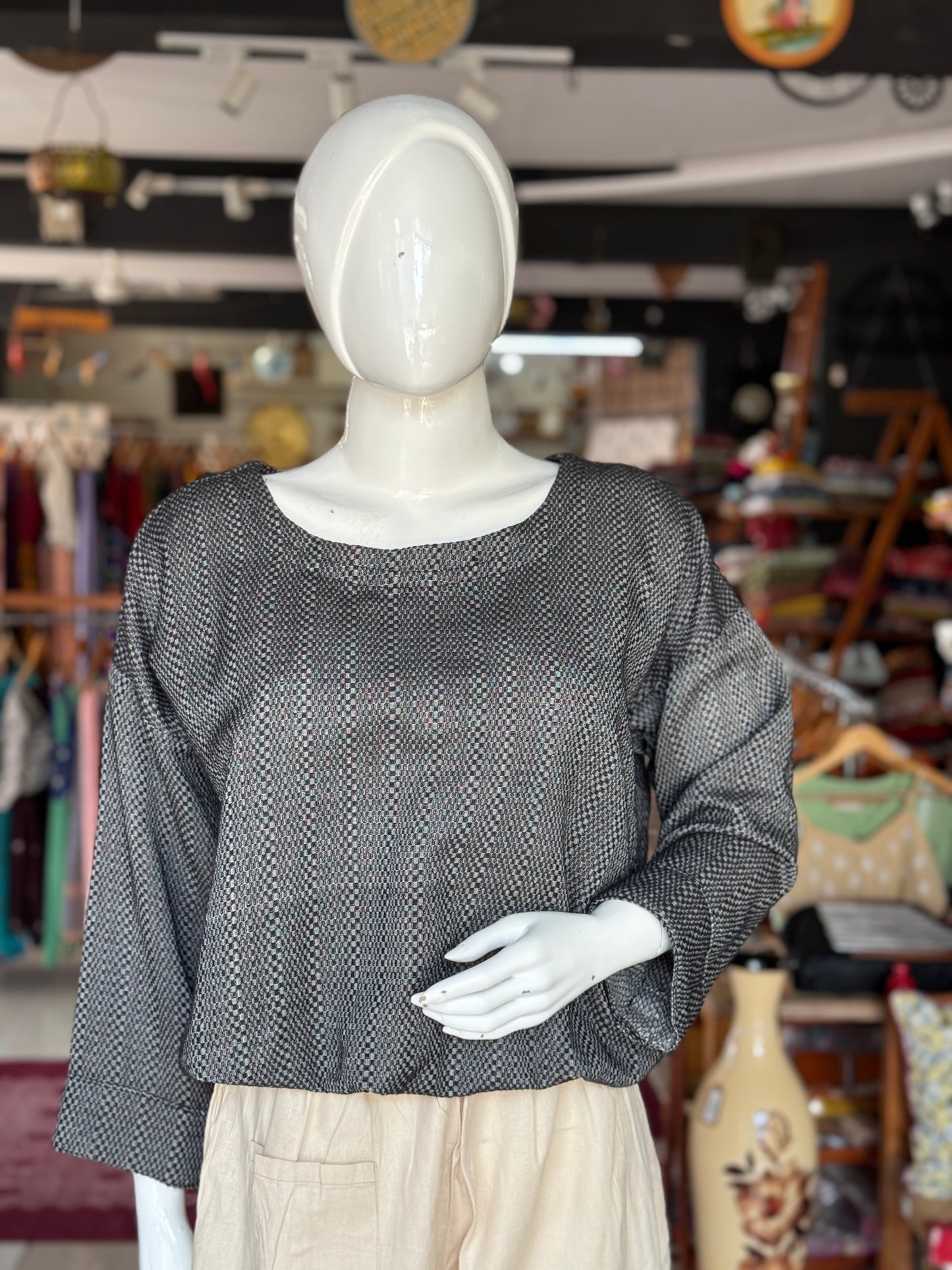 Black handloom self checks cotton top for women with elastic hem