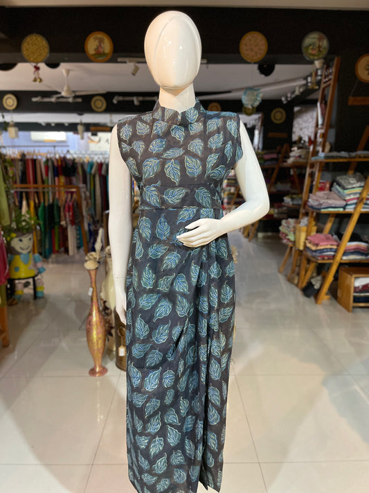 Black hand block printed dress with leaves print and pleats at waist