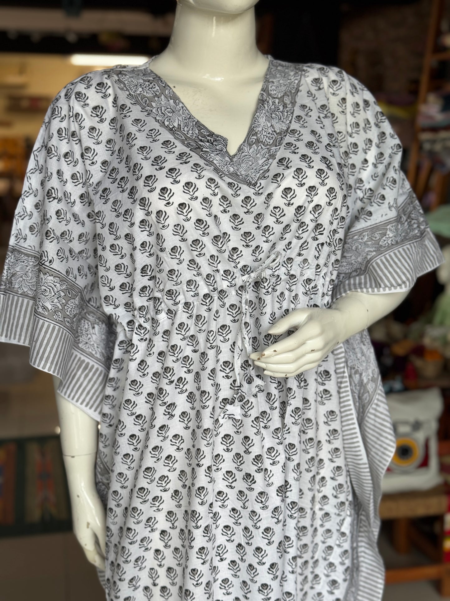Kaftan nighty in hand block printed cotton with 3 sides borders - free size - print options available - lounge wear / night wear