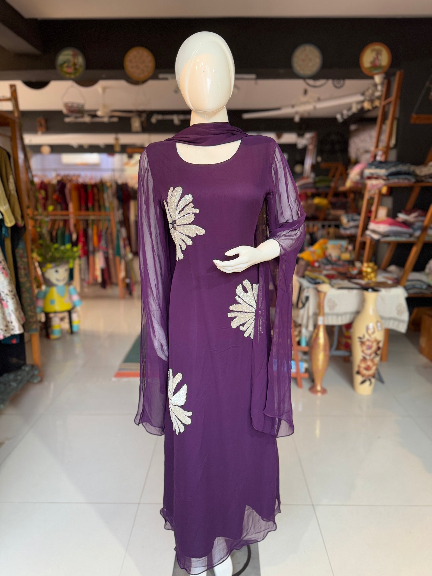 Purple cut dana embroidered Georgette long dress with cape sleeves and stole - party outfit