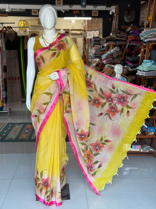 Hand painted floral Bengalcotton saree - colors and designs available