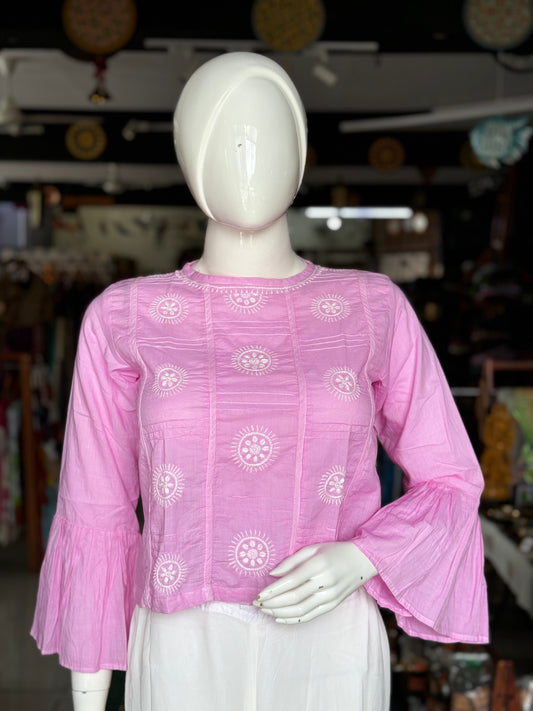 Pink cotton chikankari hand embroidered crop top with flared sleeves