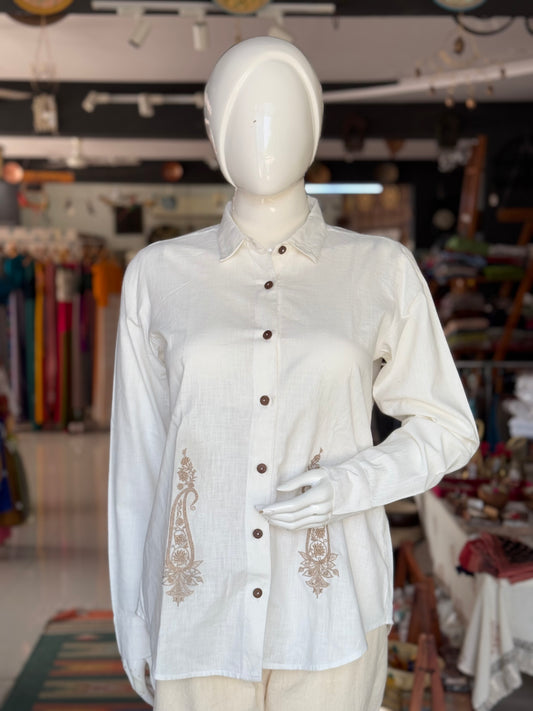 Off white embroidered flex cotton full sleeves shirt for women