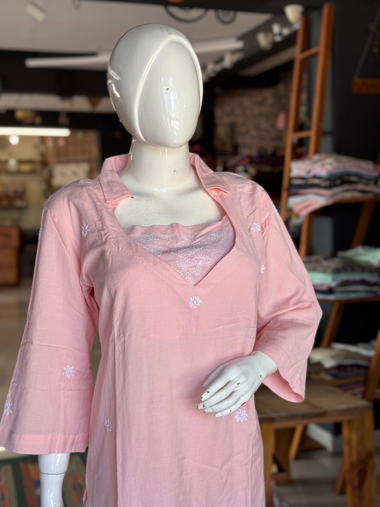 Light pink hand embroidered cotton kurta, inner top and pants - 3 piece set