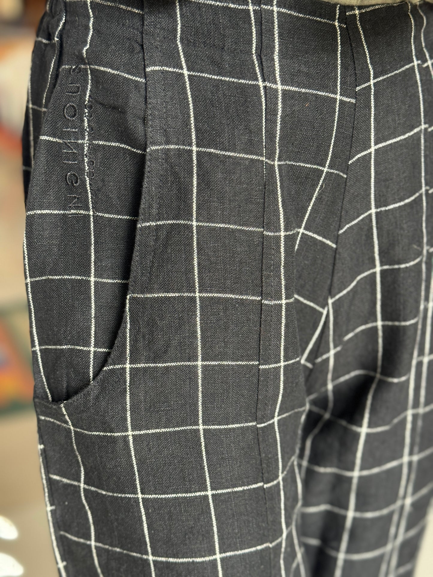 Black checks handwoven linen trousers for women