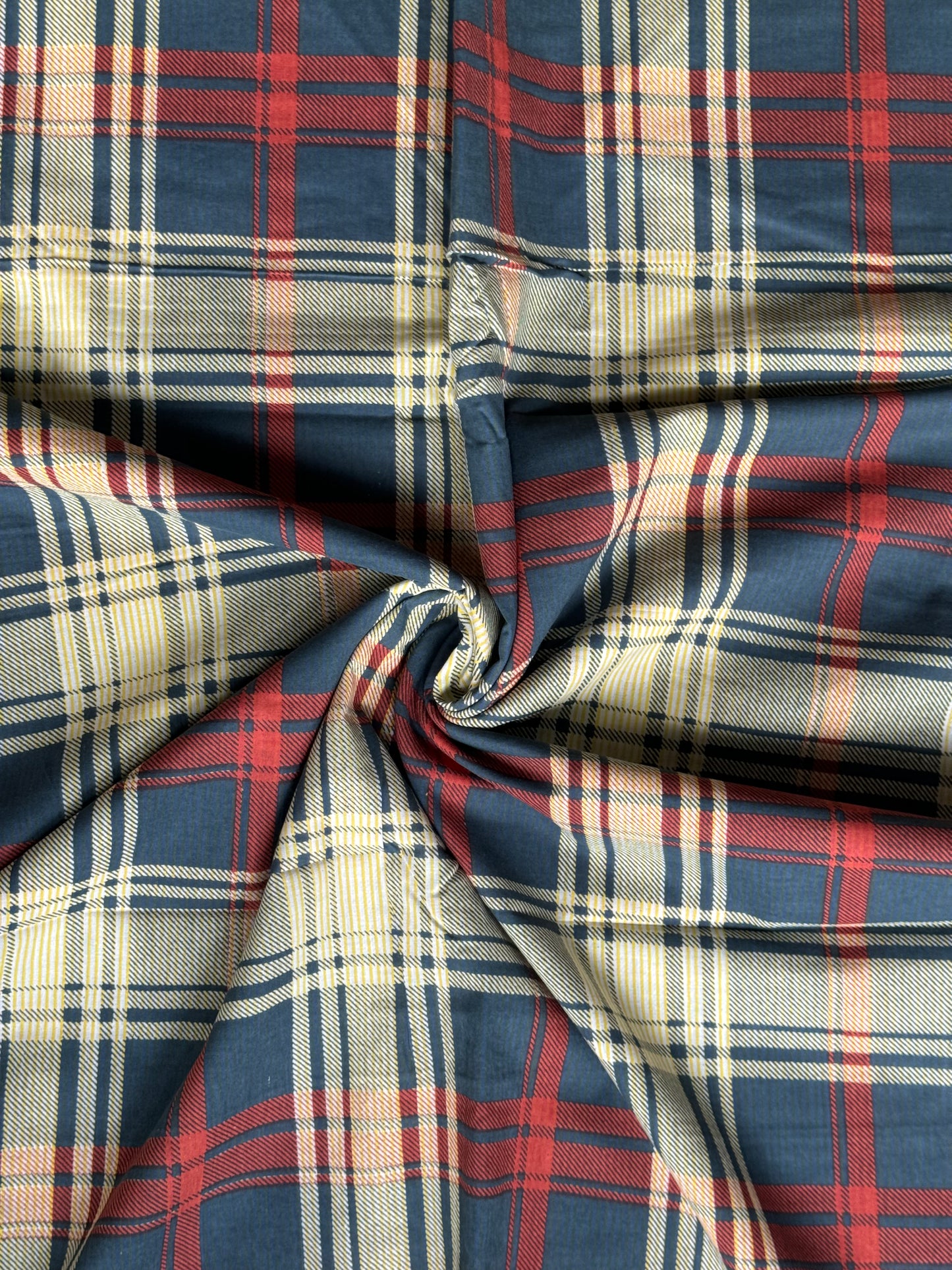 Blue red white vintage look big checks screen printed cotton fabric